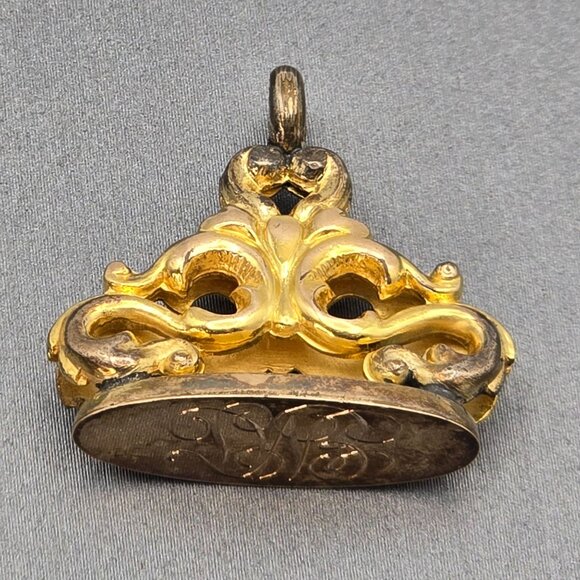 Antique Victorian Gold-Filled Filigree Fob Seal Charm Pendant Engraved Monogram - Picture 7 of 12